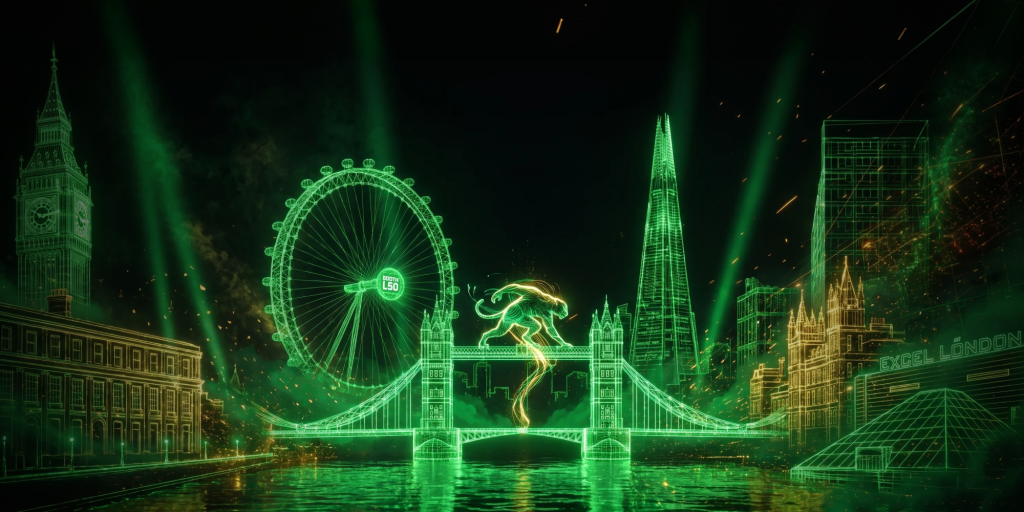 Mate Affiliates iGB L!VE 2026 banner featuring the Mate mascot in a neon London skyline, with the London Eye, Tower Bridge, ExCeL London, and Stand L50 details.
