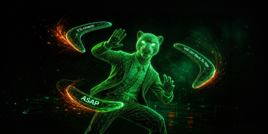 Mate Affiliates banner showing a stylised figure dodging boomerangs labelled “I’ll Check,” “Will Get Back To You,” and “ASAP”