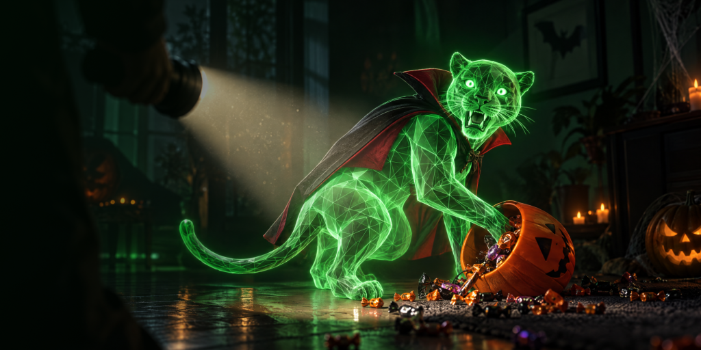 Mate Affiliates' glowing green cheetah mascot dressed as a vampire, caught in a flashlight beam beside spilled Halloween candy.